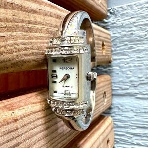 Persona Vintage Quartz Watch Cuff Silver Tone Stainless Steel Japan Swiss Design